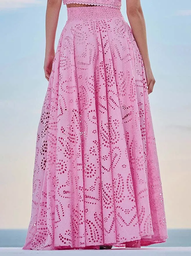 Exquisite embroidered hollow lace long A-line skirt