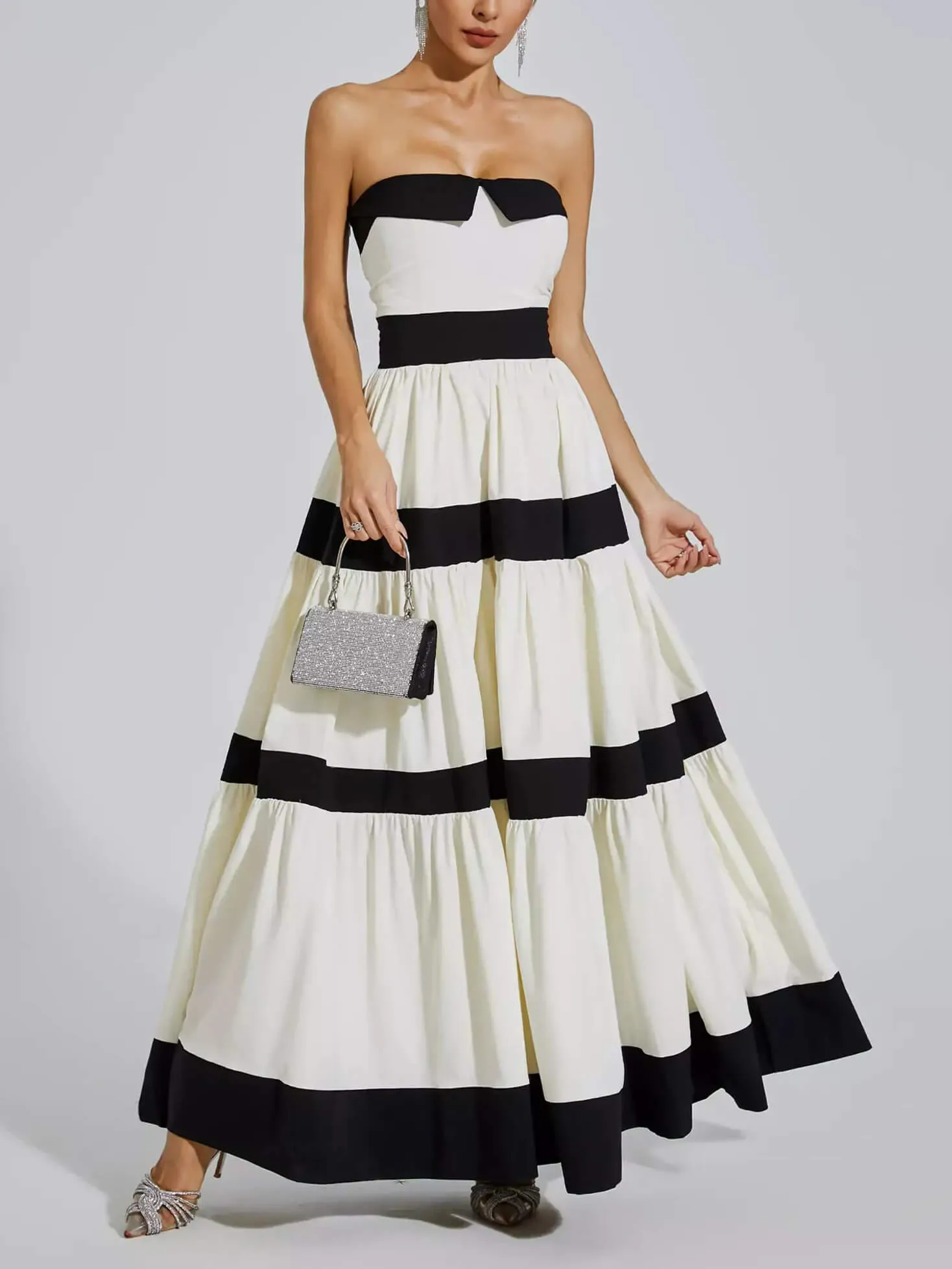 Elegant Striped Bow A-Line Maxi Dress