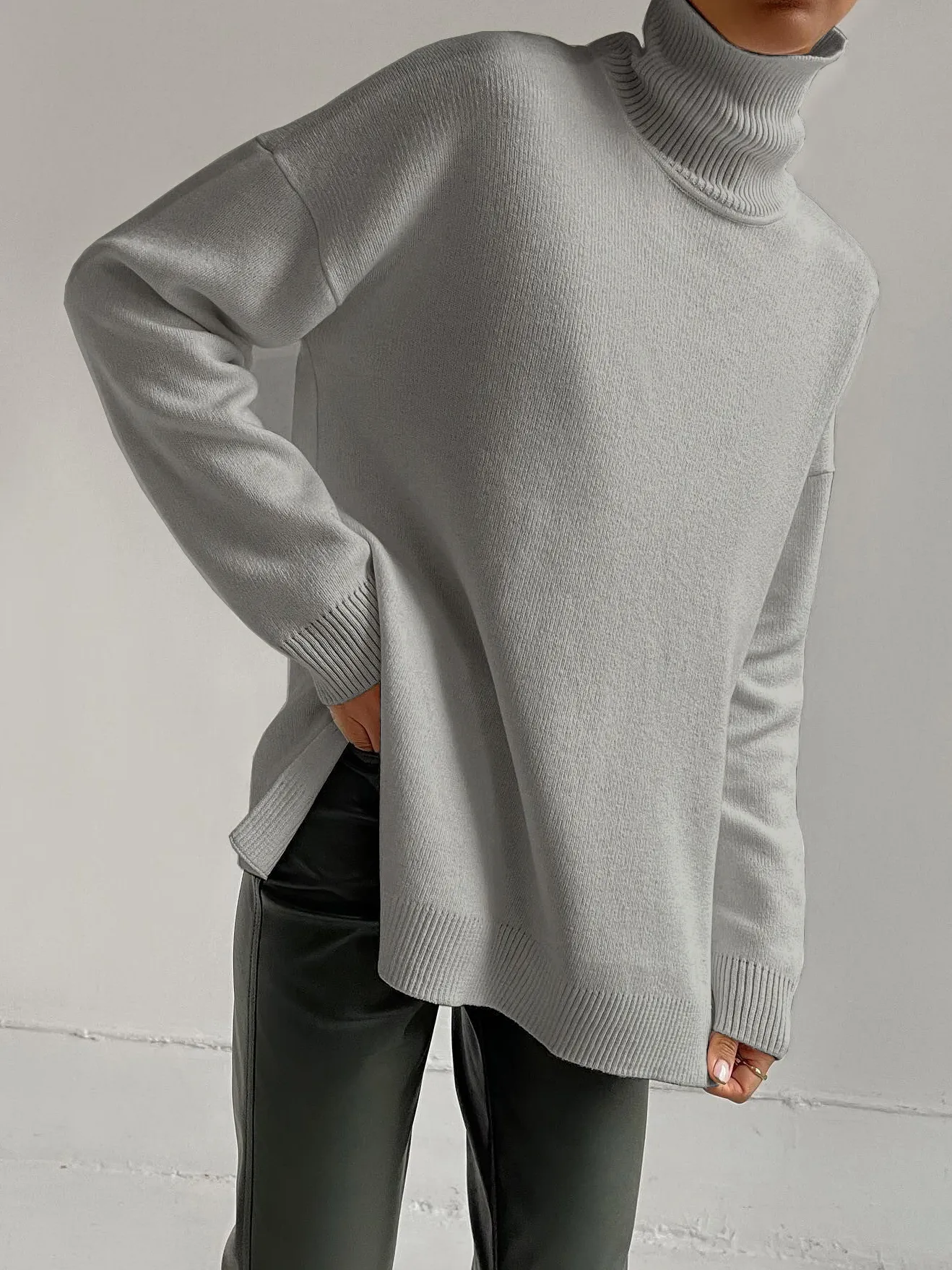 Side Slit Turtleneck Knitted Sweater