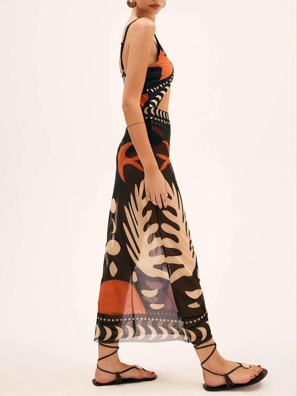 Unique Bird Print Mesh Cover Up Maxi Skirt