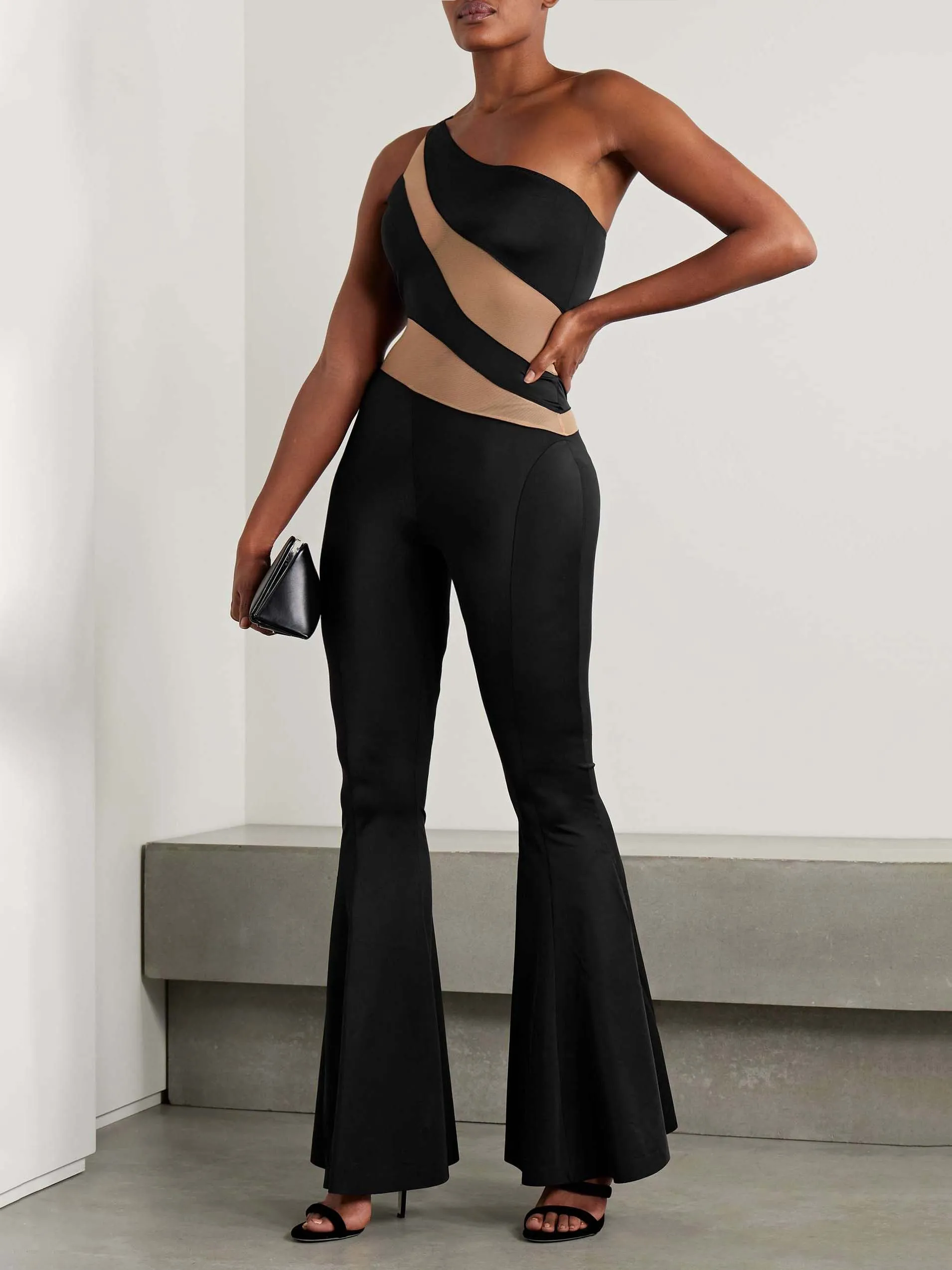 Elegant Off-shoulder Mesh Patchwork Flared Jumpsuit