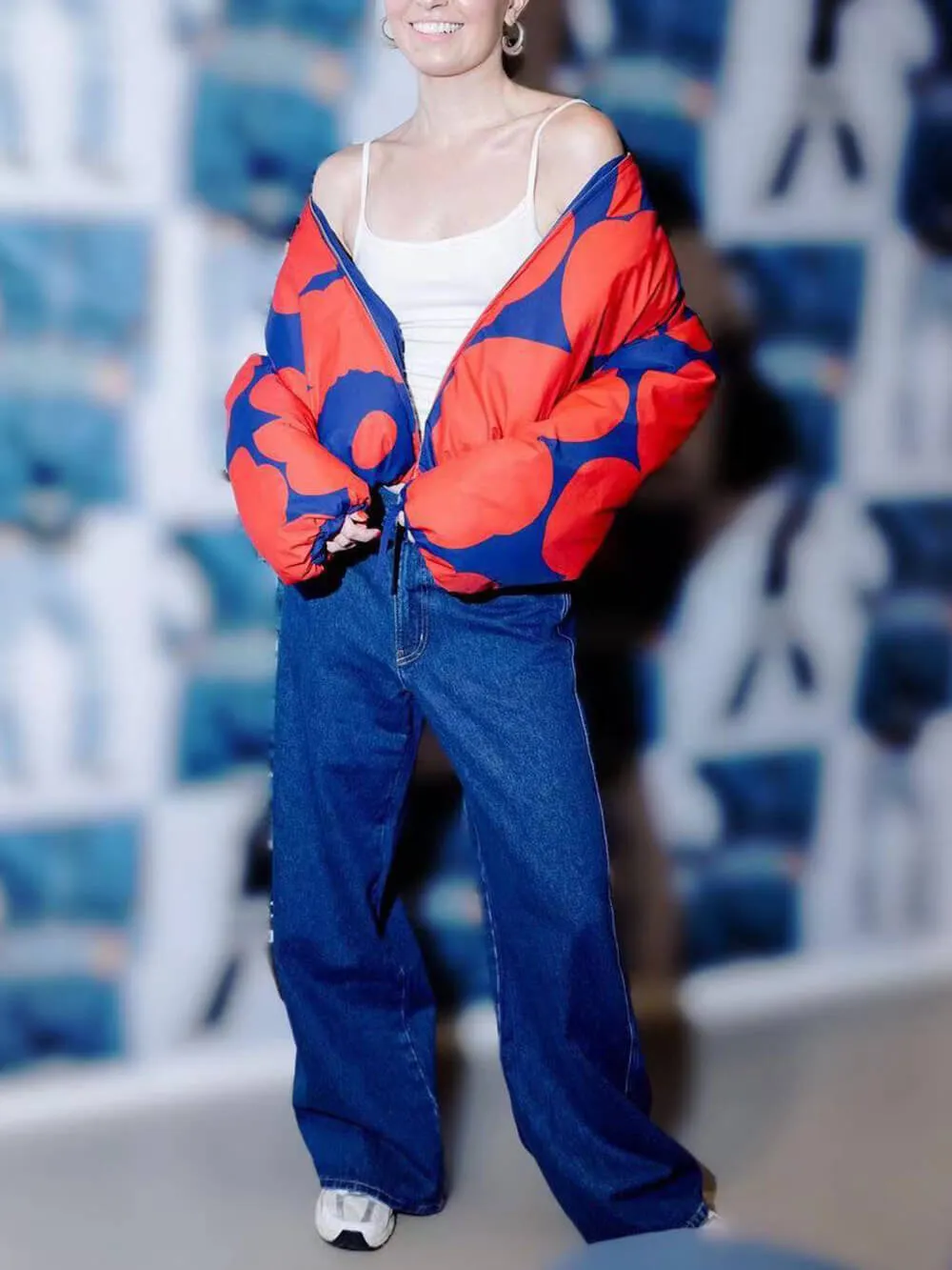 OverSize Style Stand Collar Bomber Jacket Printed Coat