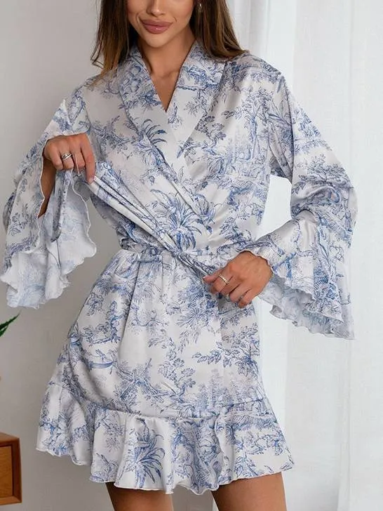 Printed Ruffled Long Sleeve Robe