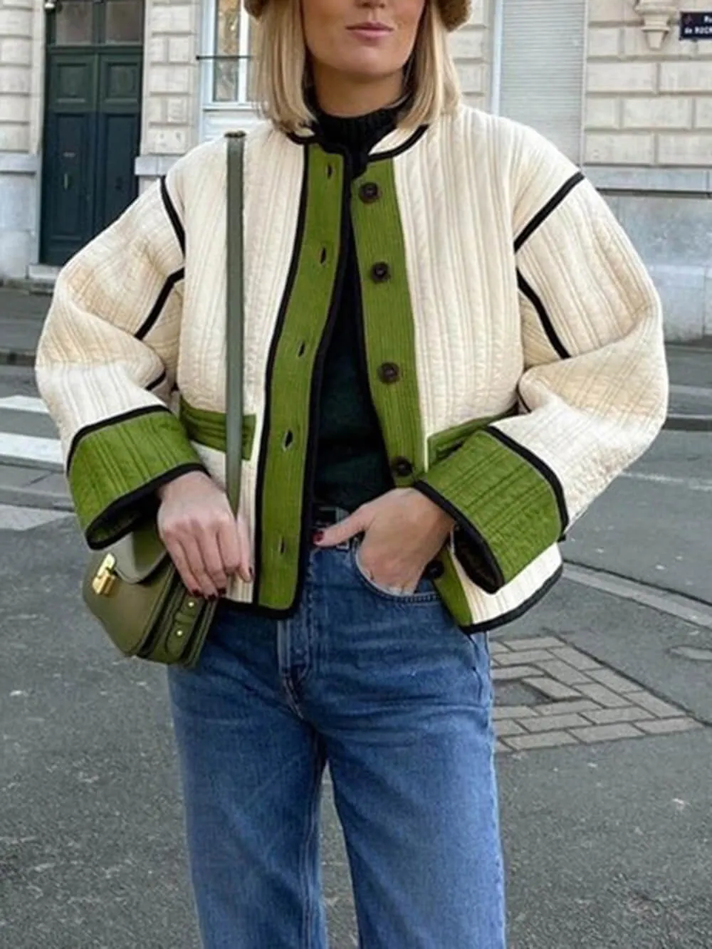 Casual O-Neck Patchwork Autumn Quilted Jacket