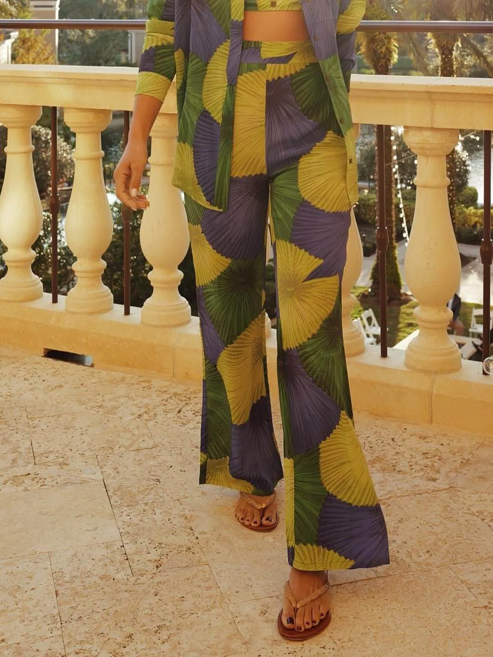 Retro Island Lover Yin Lotus Palm Print Loose Shirt