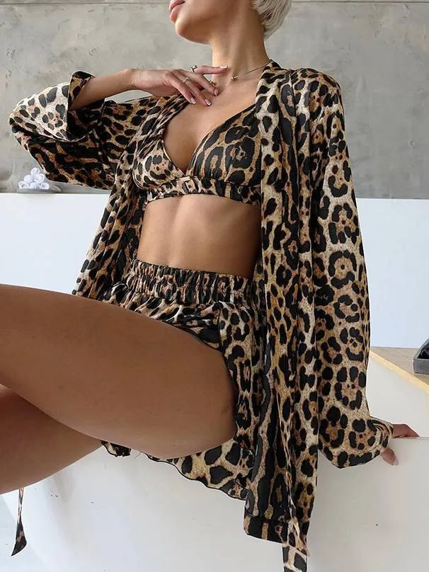 Leopard Print Underwear Shorts Nightgown Three-Piece Home Wear