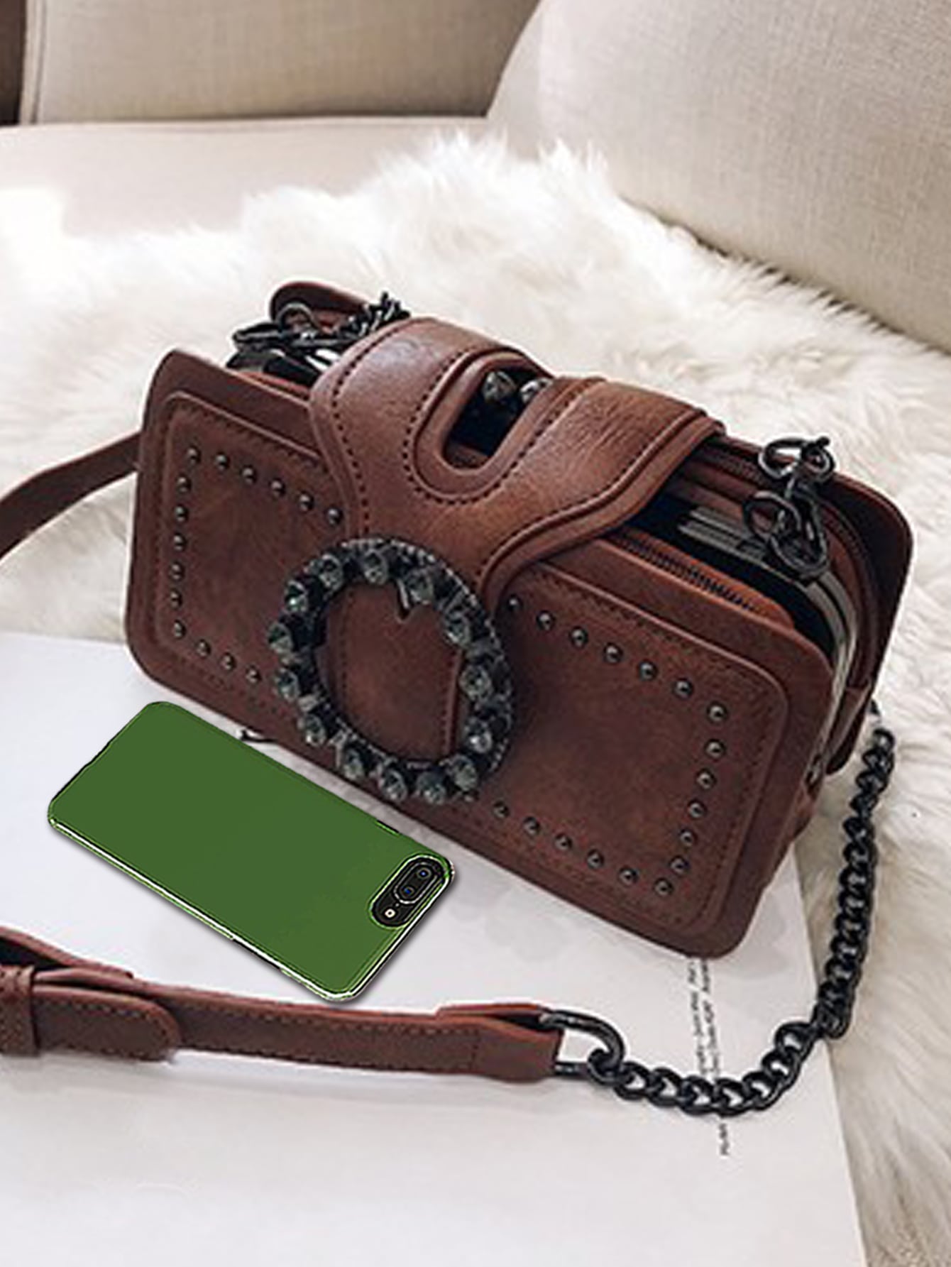 Square bag with studs and buckles