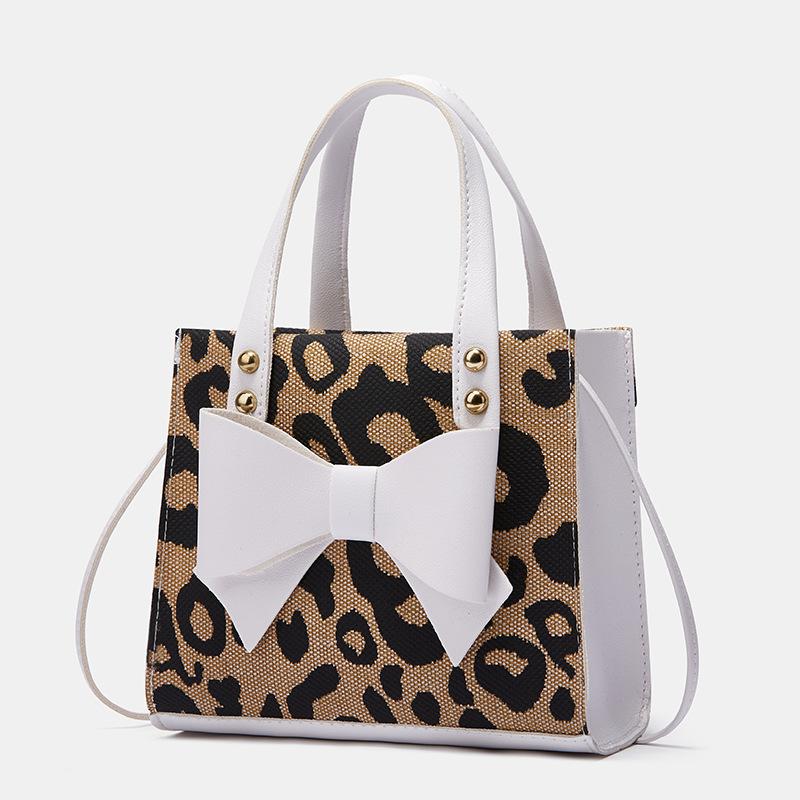 Women's Bag Bow Stitching Contrast Portable Simple Leopard Print Single Shoulder Diagonal Small Square Bag