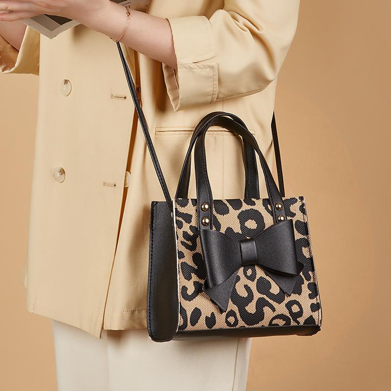 Women's Bag Bow Stitching Contrast Portable Simple Leopard Print Single Shoulder Diagonal Small Square Bag