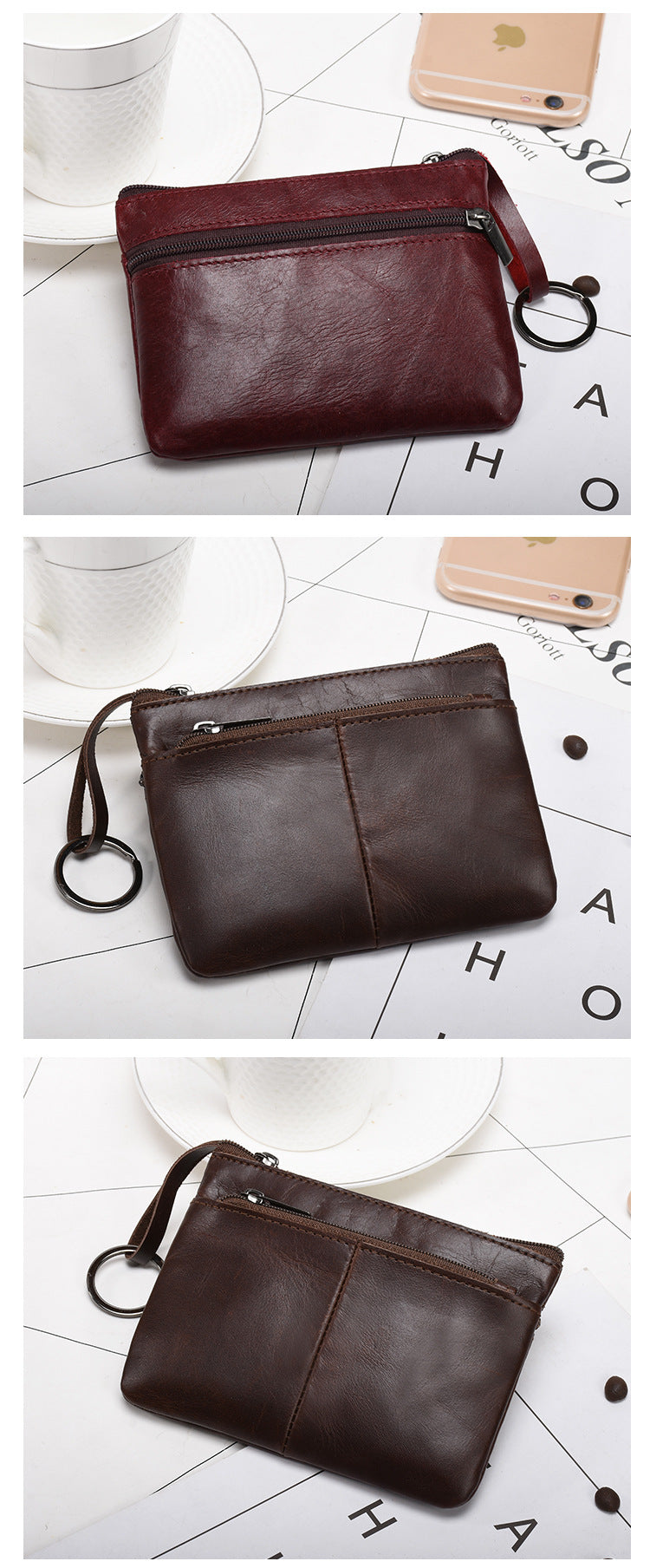 Retro zipper short cowhide small change card holder