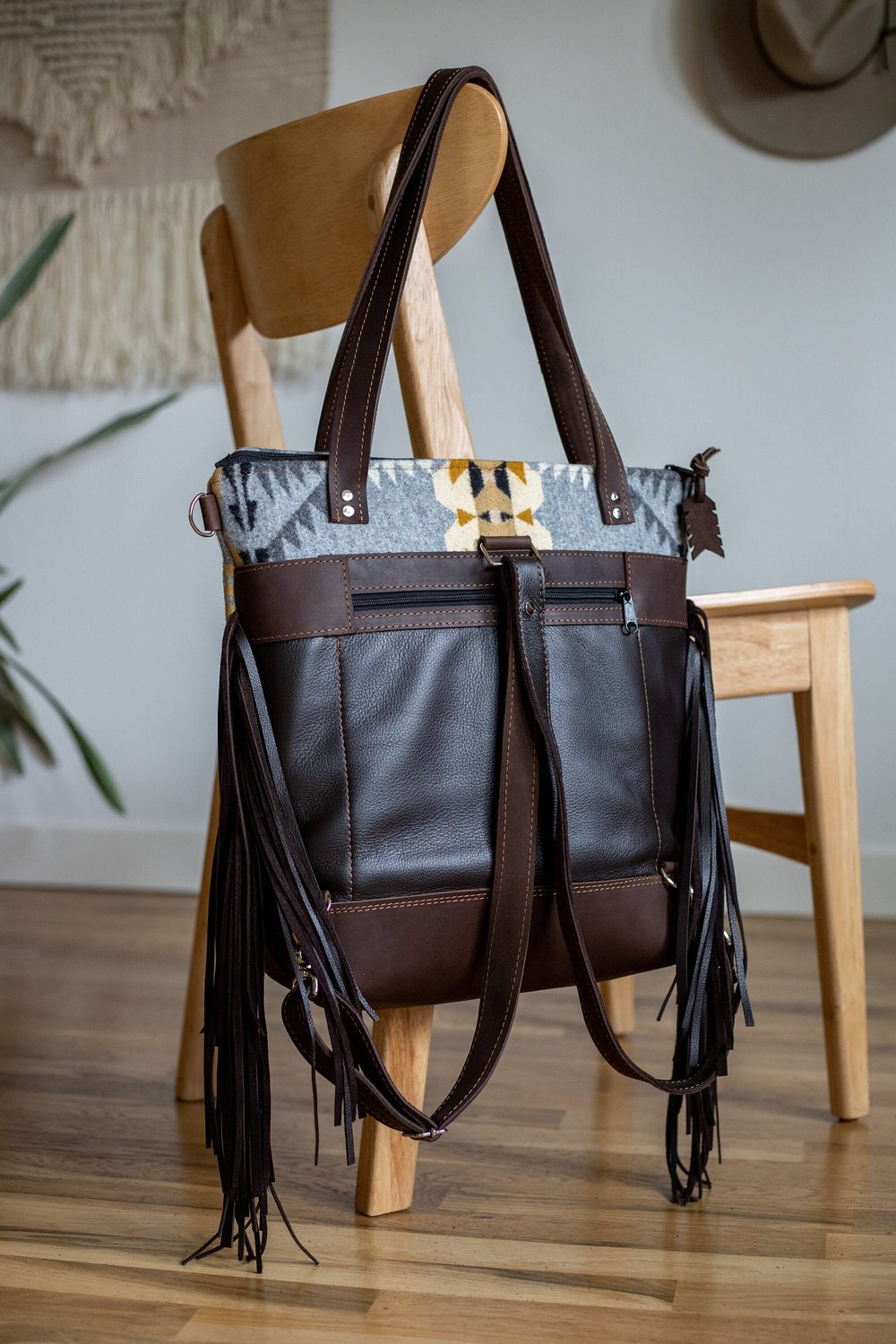 EVERYDAY FRINGE TOTE MADE WITH GRAY RANCHO ARROYO WOOL AND BROWN WAXED LEATHER