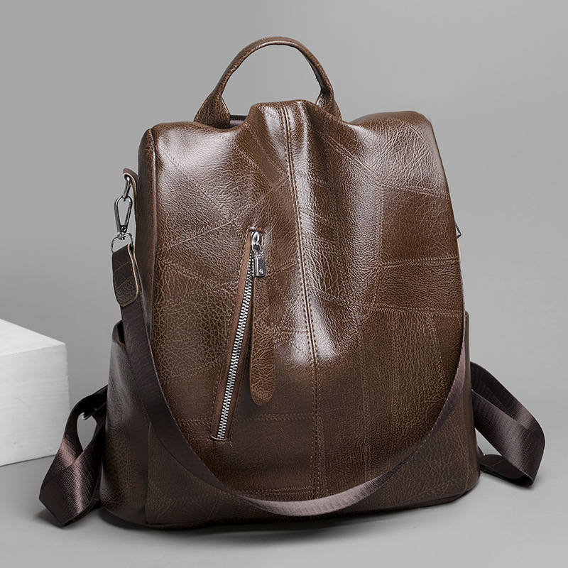 Women's Soft Leather Double Shoulder Retro Splicing Bag