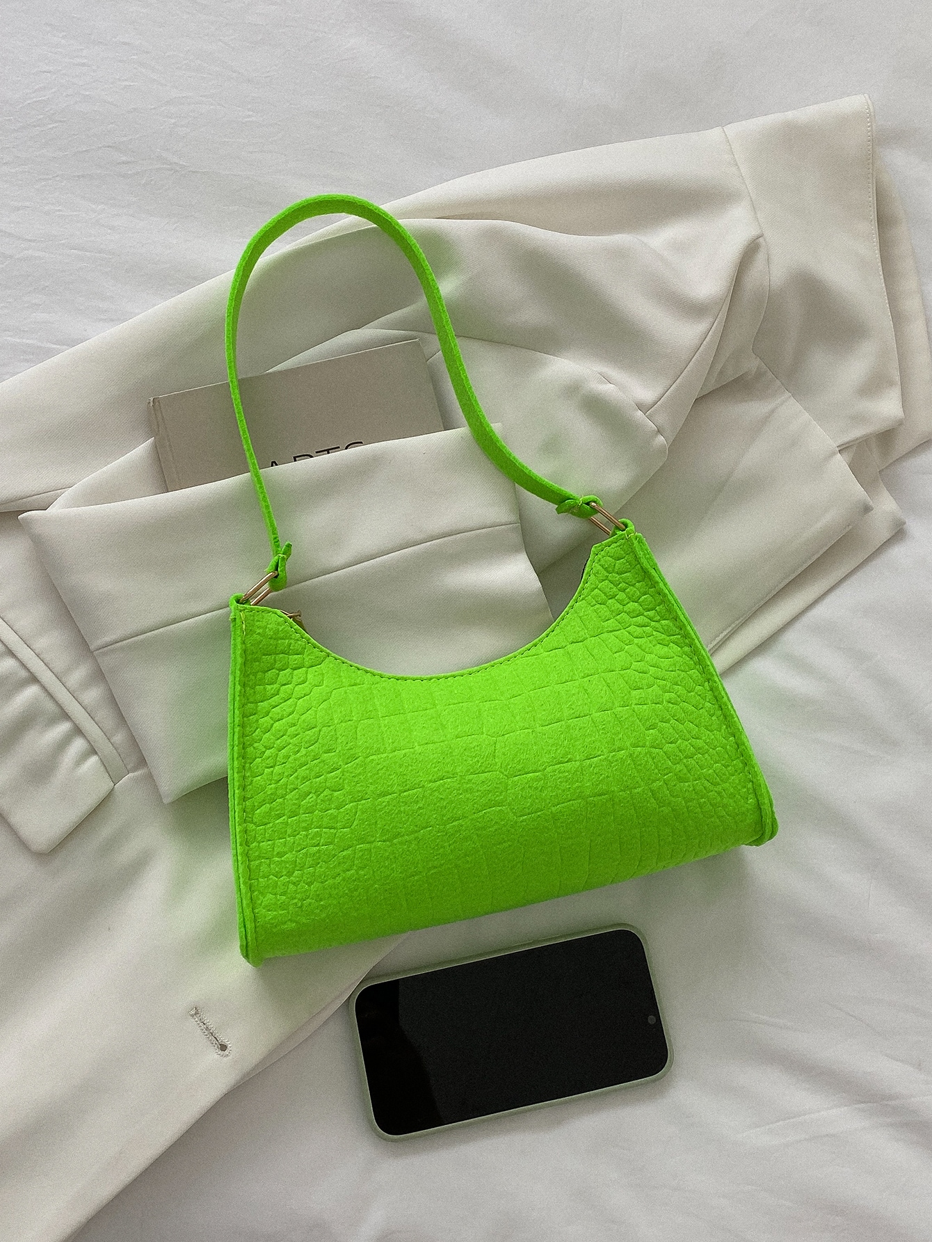 Fluorescent Green Croco-embossed Felt Baguette
