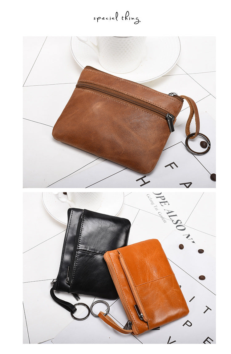 Retro zipper short cowhide small change card holder