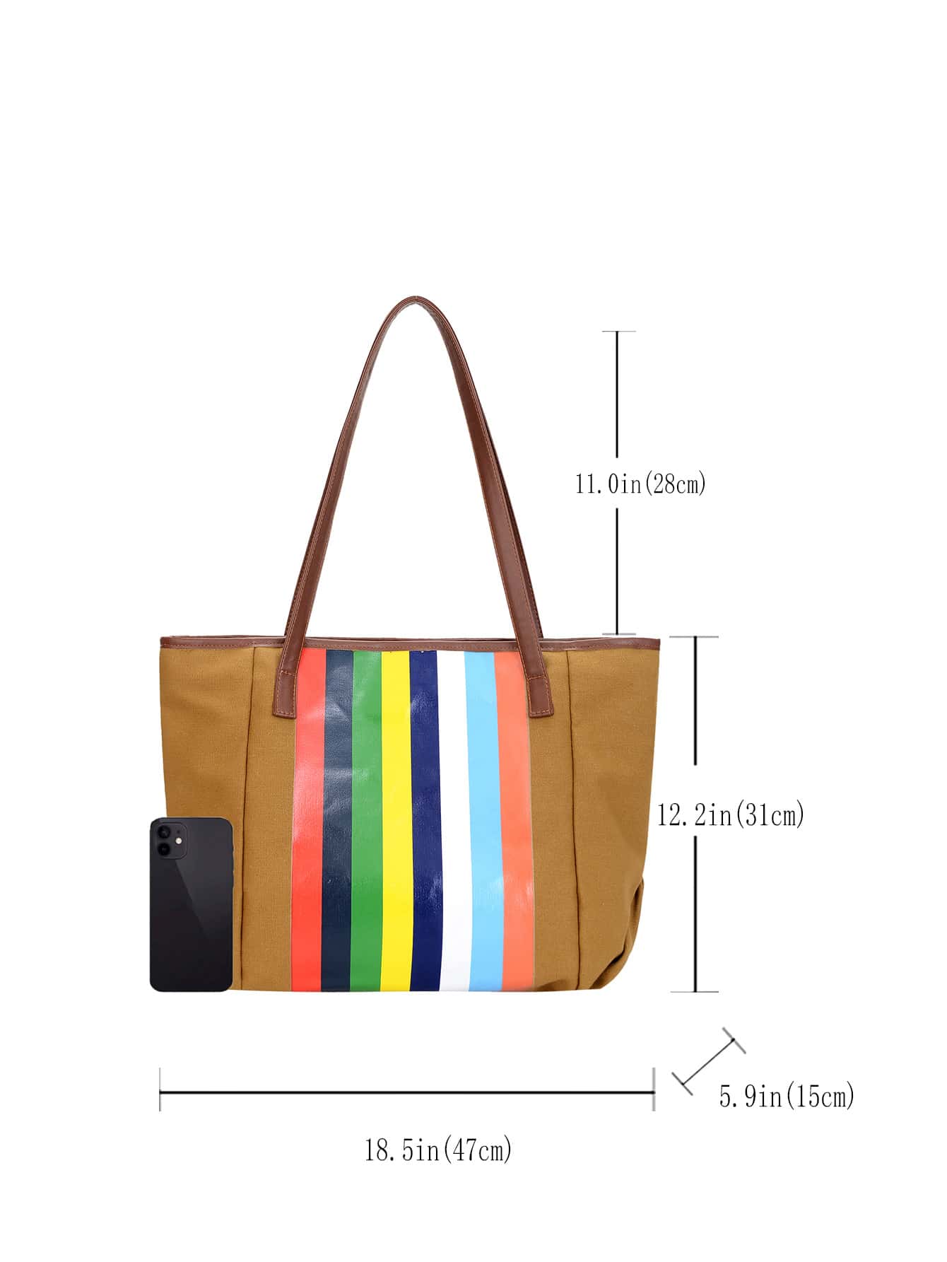 Block stripe print contrast piping shoulder tote bag