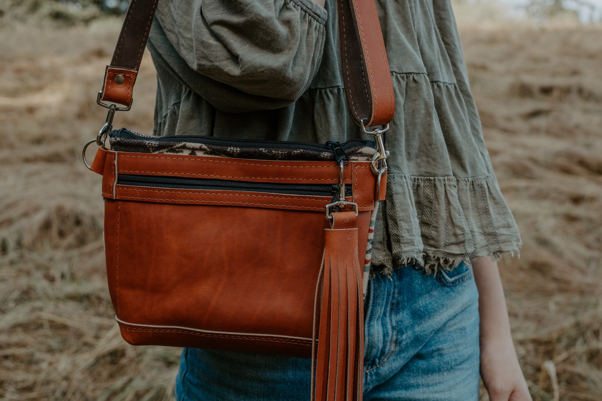 HIP  SLING BAG IN SPIRIT OF THE PEOPLE + COGNAC LEATHER