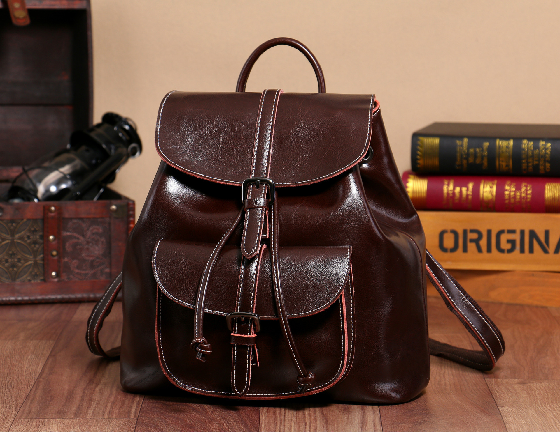 Oil Wax Cowhide Pocket Backpack