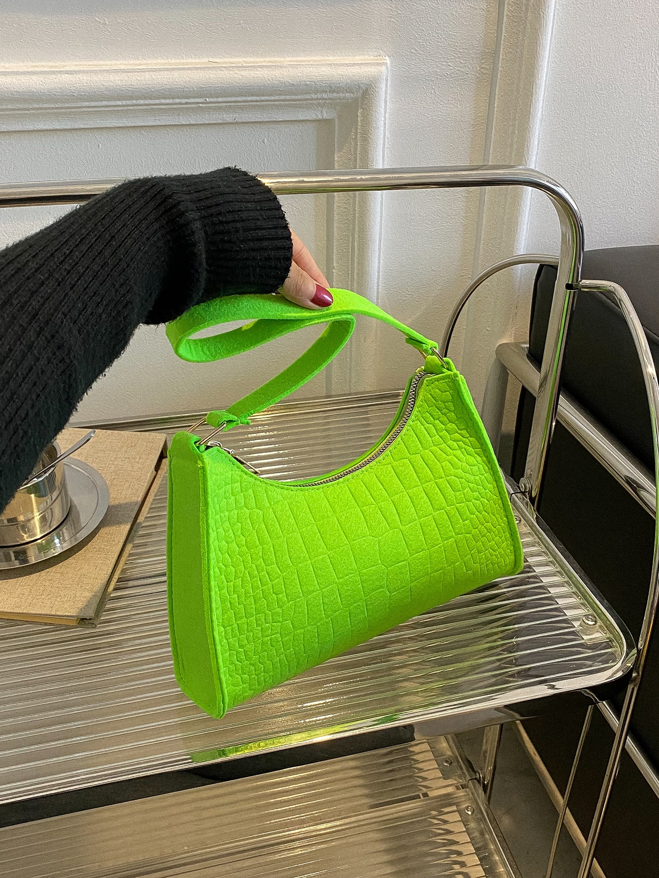 Fluorescent Green Croco-embossed Felt Baguette