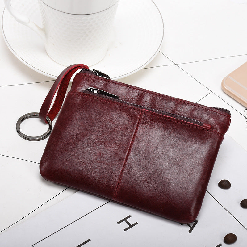 Retro zipper short cowhide small change card holder