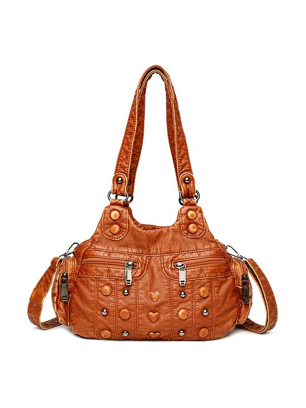 Heart Studded High Capacity Washed Leather Bag