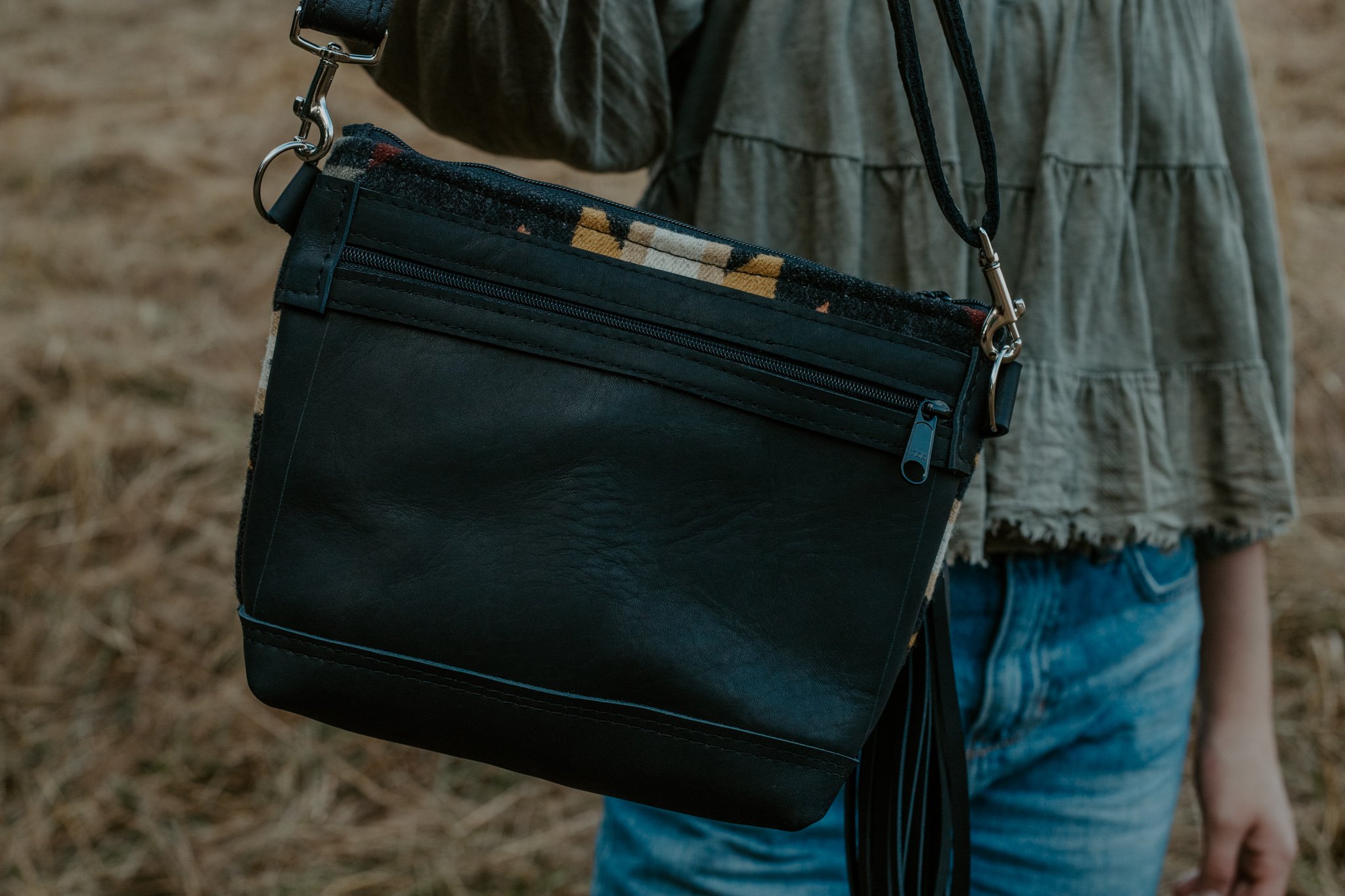 HIP BAG  SLING BAG IN PUEBLO DWELLING + BLACK WAXED LEATHER