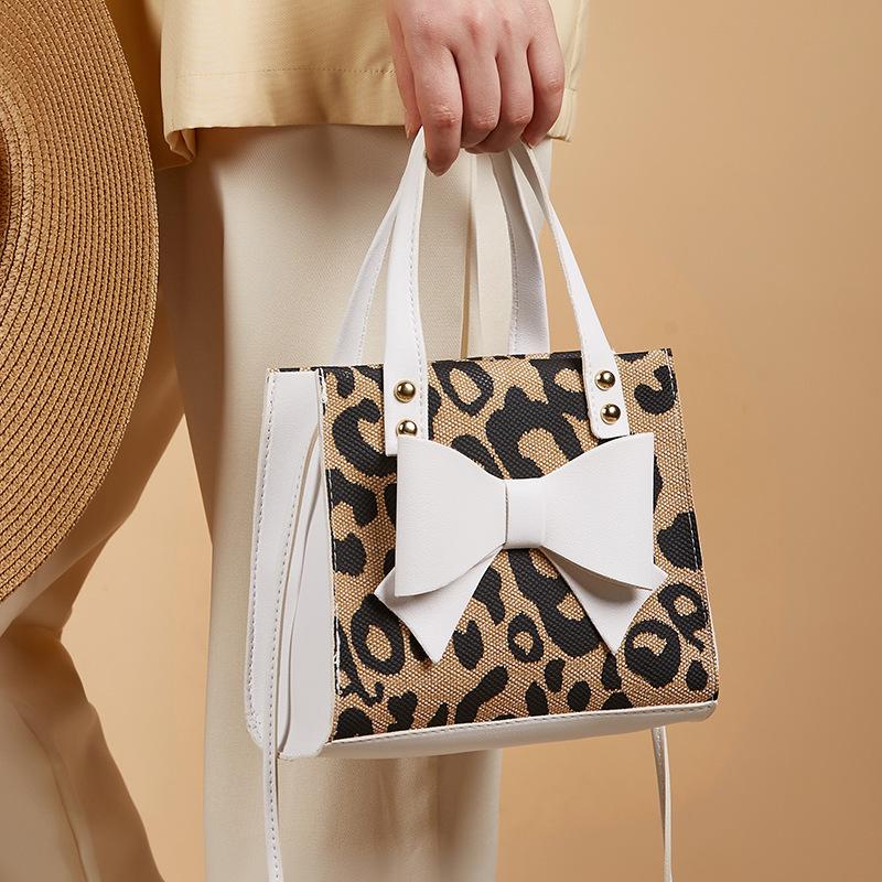 Women's Bag Bow Stitching Contrast Portable Simple Leopard Print Single Shoulder Diagonal Small Square Bag