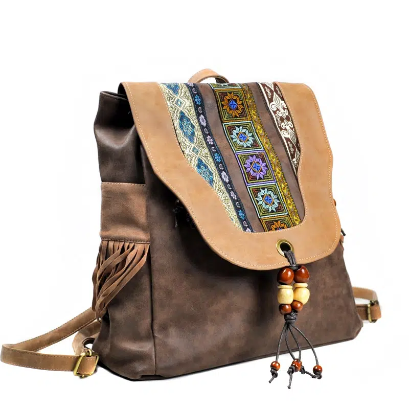 Embroidered Backpack, Women's Vintage Frosted PU Backpack, Ten Embroidered Tassel Travel Backpack