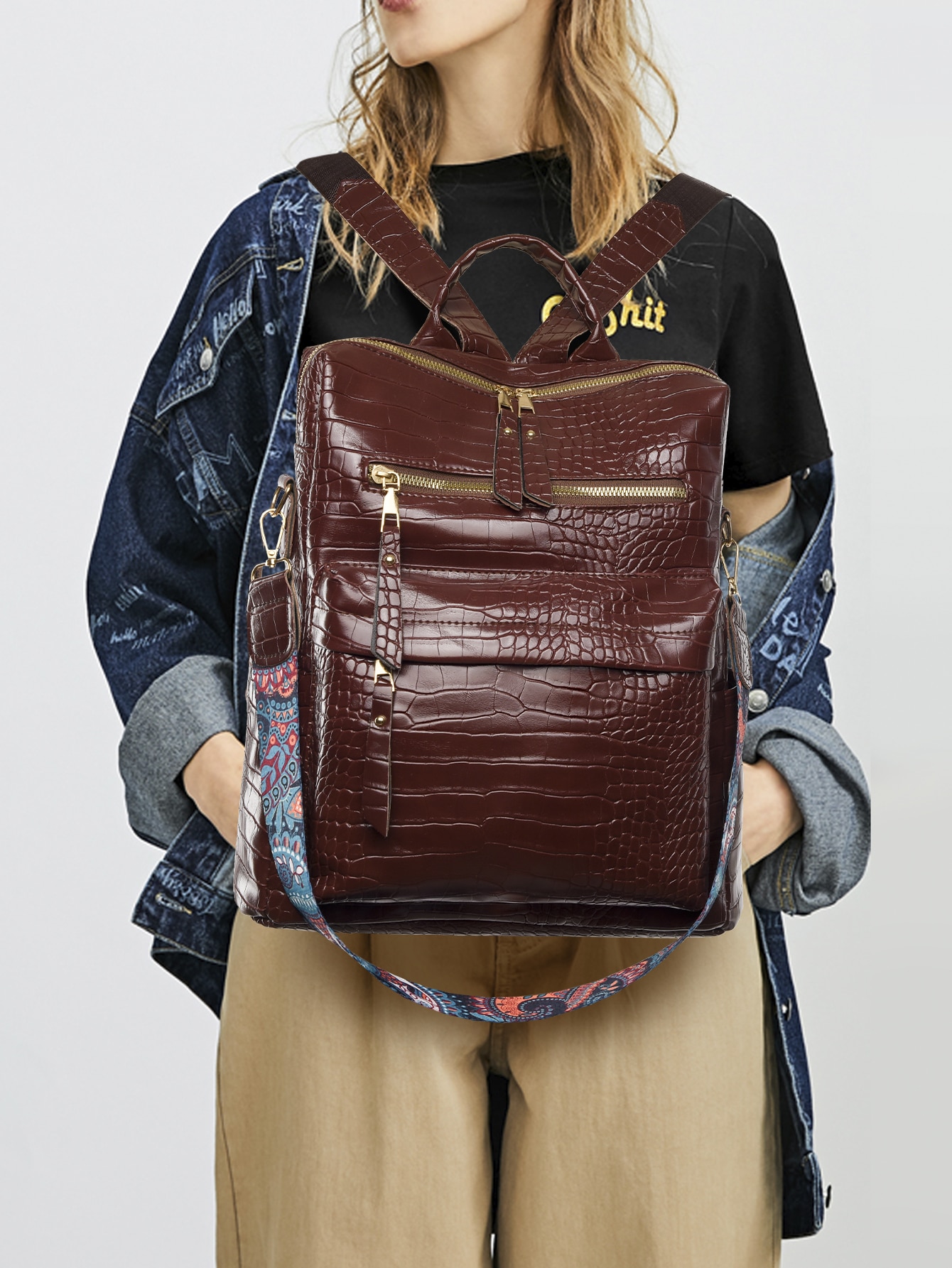 Minimalist style crocodile embossed feature backpack