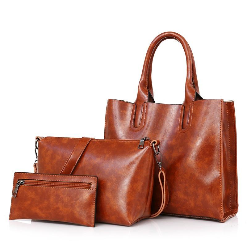 Women's new retro three-piece fashion oil wax leather large-capacity handbag
